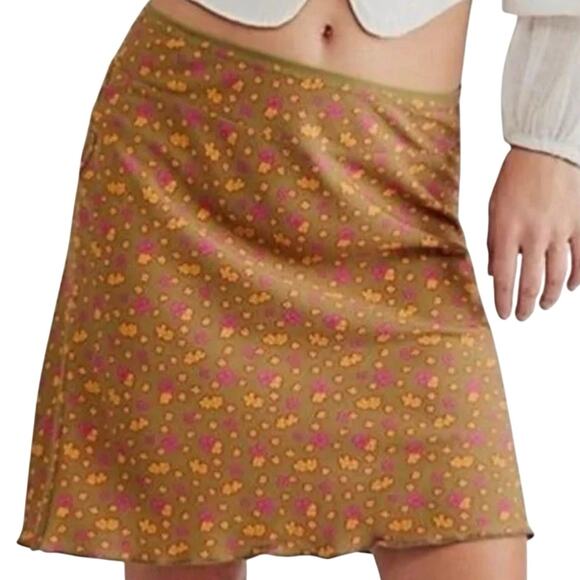 Free People Midi Skirt IRL Floral Olive Green Midi Skirt Lettuce Hem, New w/ Tag - Picture 1 of 8